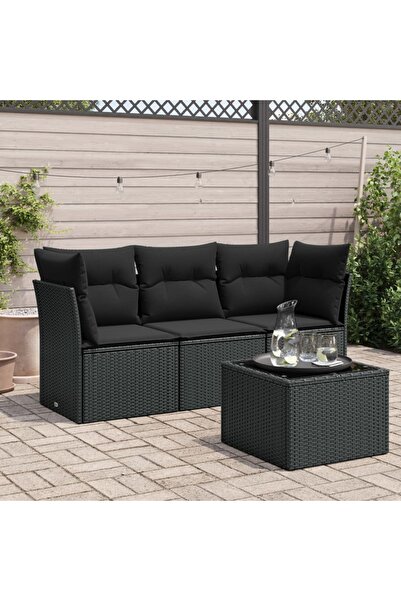 vidaxl Garden furniture set with cushions, 4 pieces, black, polyrattan