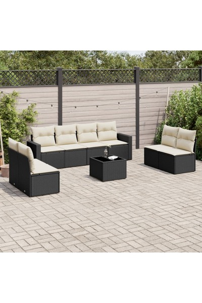 vidaxl Garden furniture set with cushions, 9 pieces, black, polyrattan