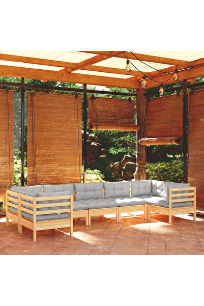 vidaxl Set mobilier gradina cu perne gri, 7 piese, lemn masiv de pin