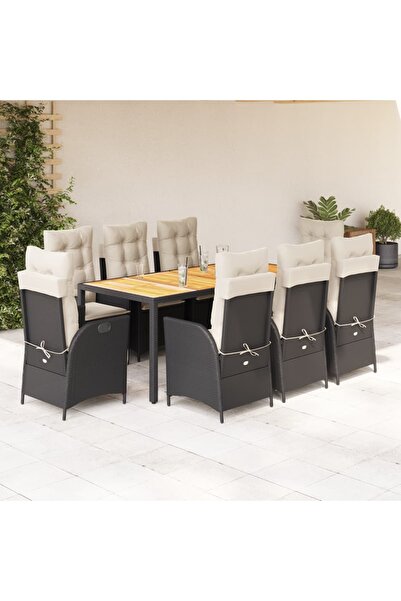 vidaxl Garden furniture set with cushions, 9 pieces, black, polyrattan
