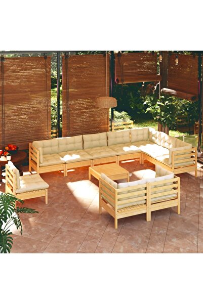 vidaxl Set mobilier gradina cu perne crem, 11 piese, lemn masiv de pin