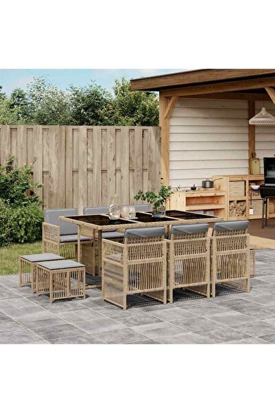 vidaxl Garden furniture set with cushions, 11 pieces, beige, combined polyrattan