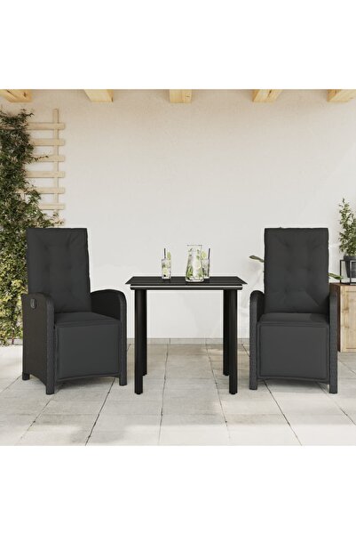 vidaxl Bistro set with cushions, 3 pieces, black, polyrattan