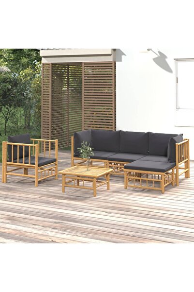 vidaxl Set mobilier de gradina cu perne gri a®nchis, 6 piese, bambus