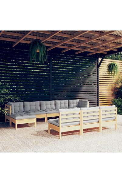 vidaxl Set mobilier de gradina cu perne gri 10 piese lemn masiv de pin