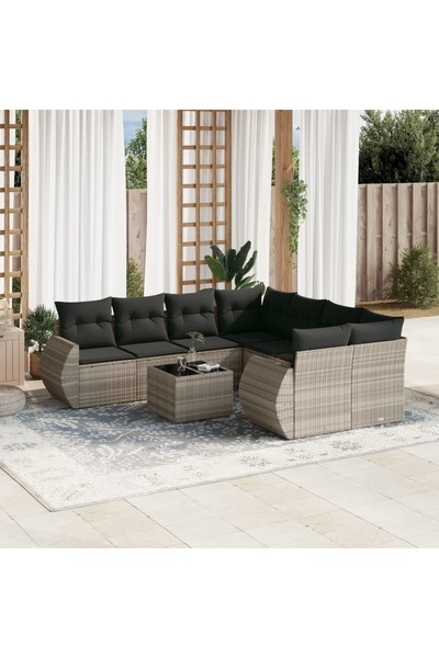 vidaxl Garden sofa set with cushions, 9 pieces, light grey, polyrattan