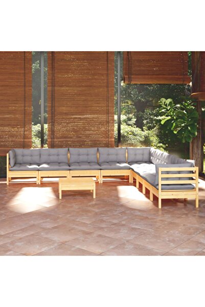 vidaxl Set mobilier gradina cu perne, 10 piese, gri, lemn masiv pin