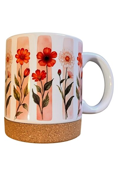 OEM Glossy ceramic mug BAKET 250 ml with cork base, red floral pattern