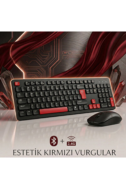 wiks Kablosuz Klavye ve Mouse Seti - Bluetooth + USB Alıcılı - Estetik Kırmız...
