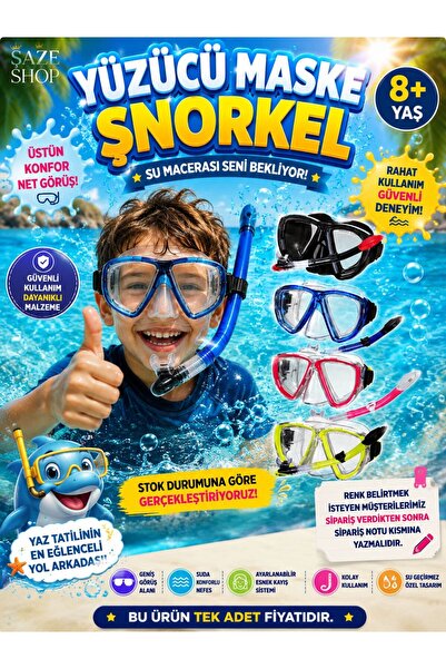 SAZE Çocuk Yüzücü Maske Şnorkel Seti 8+ Yaş Ayarlanabilir Deniz Havuz Dalış G...