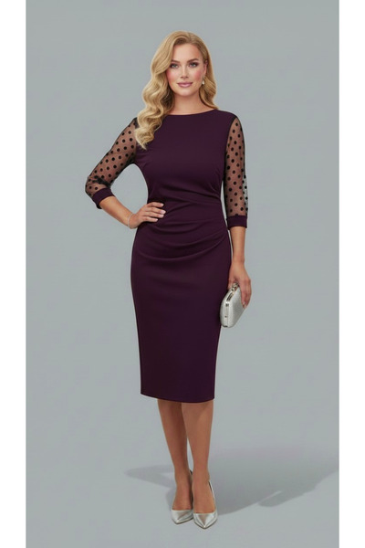 Veline Rochie elegantă vișiniu inchis, midi, pliuri laterale, mâneci din tull...