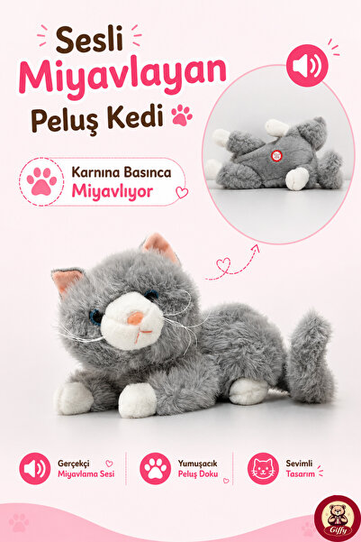 giffy Oyuncak Sesli Miyavlayan Peluş Kedi 36 CM Karnına Basınca Ses Çıkaran Y...