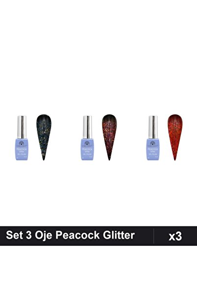 Makeup Set 3 Oje Semipermanente Peacock Glitter 8ml, Nuante 05 06 09, Manichi...