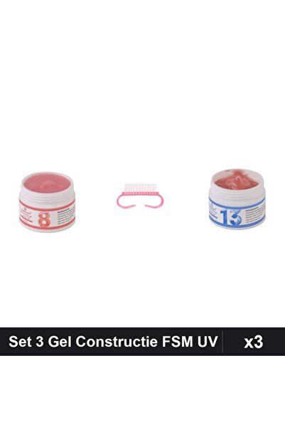 Makeup Set 3 Gel Constructie UV LED FSM 15g, Nuante 08 și 13, Periuță Praf Roz