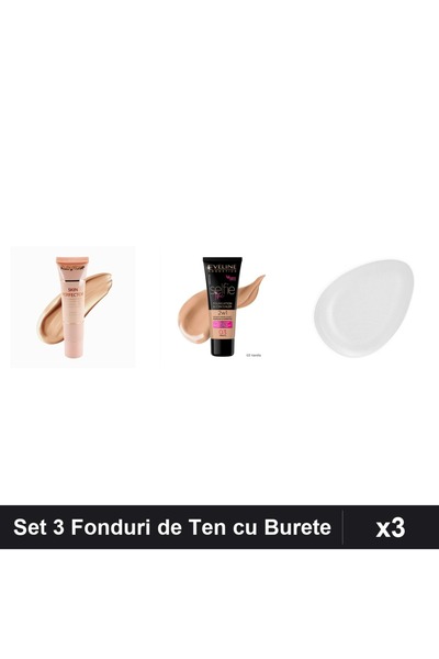 Makeup Set 3 Fonduri de Ten Ruby Rose Eveline Cosmetics, Nuante 04 03, Burete...