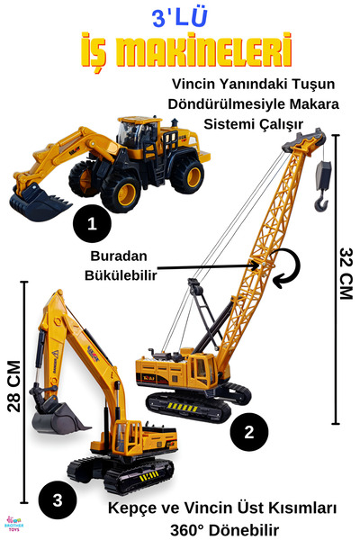 Brother Toys 3-Piece Large Size Construction Equipment Set: Bucket, Crane, Ex...