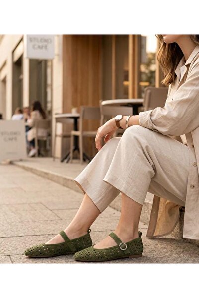 PİERRO SHOES Babet Ayakkabı Tokalı Günlük Kadın Haki Lazer Kesim