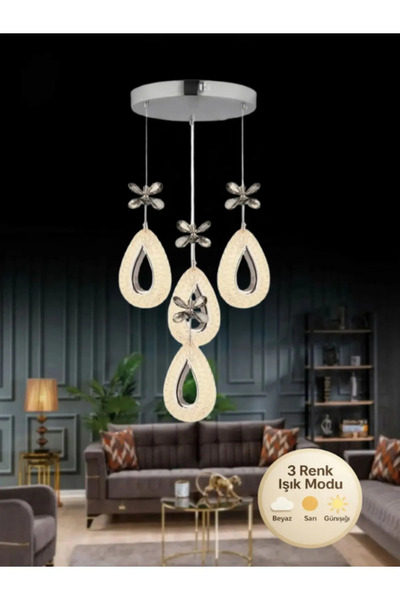 Lüxev Lighting Yağmur Model 4'lü Gümüş 3 Renk Modu Ledli Kristal Taşlı Modern...