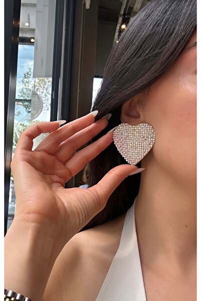 AychaAksesuar Zircon Stone Silver Color Stone Processing Large Heart Earrings