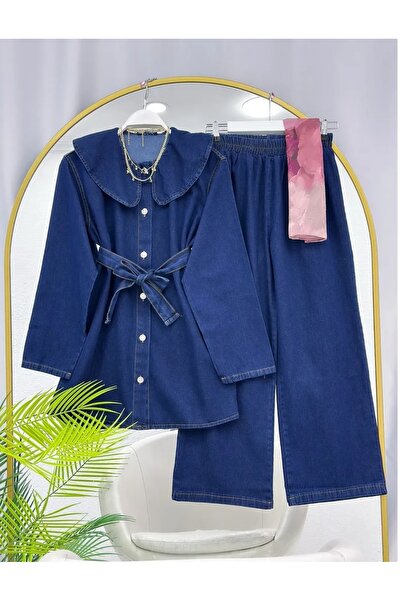 MODA VEDAT Costum de damă din denim cu detaliu la guler și curea în talie -0800