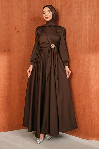 İmajButik Brown Side Tie Satin Evening Dress