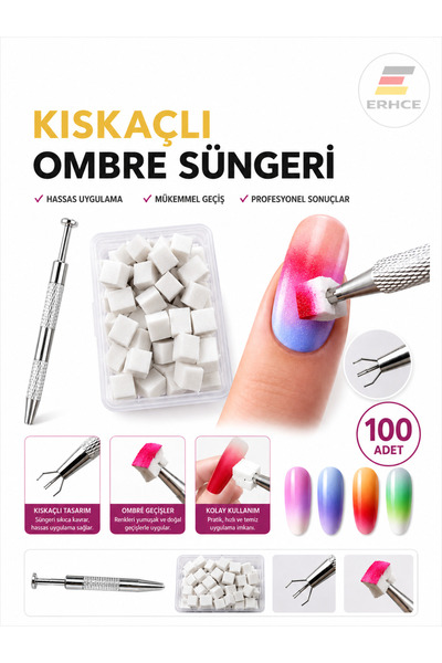 ERHCE Ombre Süngeri 100'lü Kıskaçlı Aparatıyla Beraber Tırnak Süsleme Nail Art
