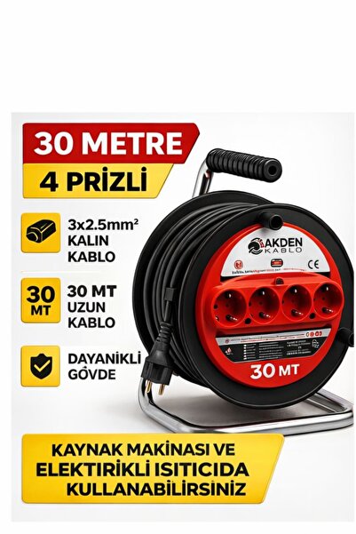 AKDEN Kablo 30 Metre 3x2,5mm Makaralı Uzatma Kablosu Tam Kesit Kaynak Makinas...