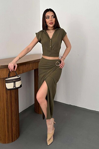 Caddebostan Moda طقم مكون من قميص قصير بأزرار وتنورة مشقوقة بتصميم الكتان