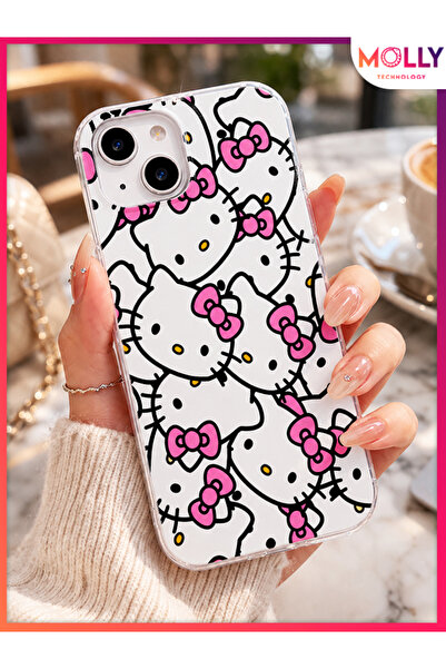 Molly iPhone 15 İçin Beyaz Bow Kitty Desenli Silikon Kılıf