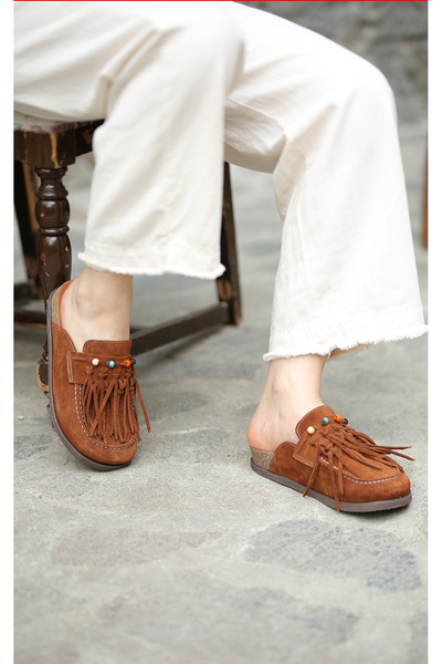 EREN SHOES BAG DARİA Hakiki Deri Süet Püsküllü Boncuk Detaylı Önü Kapalı Sara...