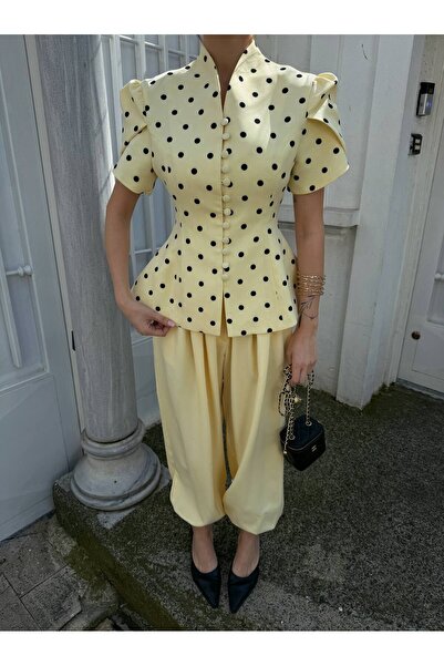 Julidress Premium Suit with High Collar Button Detail, Polka Dot Jacket and L...