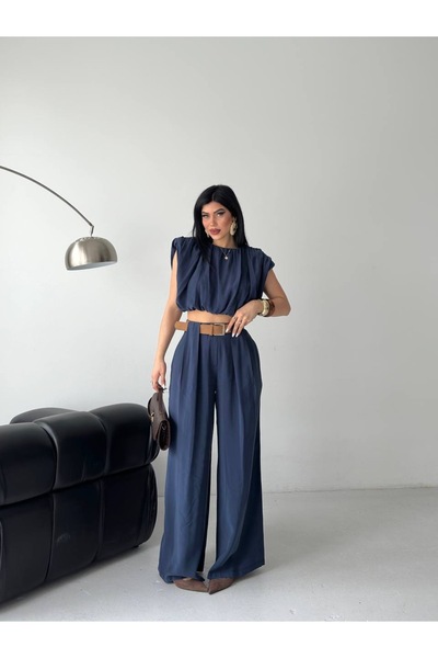 Celiora Women's Belted Casual Trousers Crop Blouse Double Set