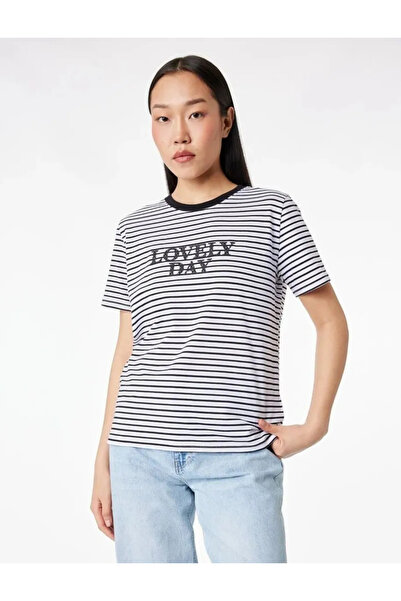 Koton Cotton Short Sleeve Crew Neck Printed Striped T-Shirt