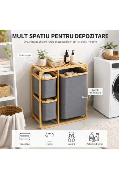 ABS Bamboo shelf with 3 textile drawers, storage organizer for bathroom, bedr...