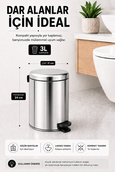 Sas Haus Pedallı Çöp Kovası 3 Litre İç Kovalı Kapaklı Banyo Çöp Kutusu Krom - Elit 7003