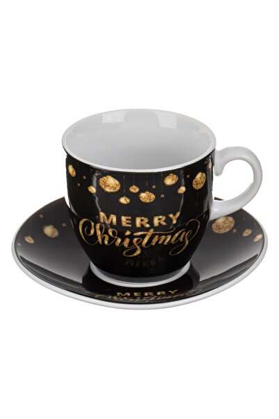 Zumzeria Black Porcelain Cup Set with Golden Ornaments "Merry Christmas" & Pl...