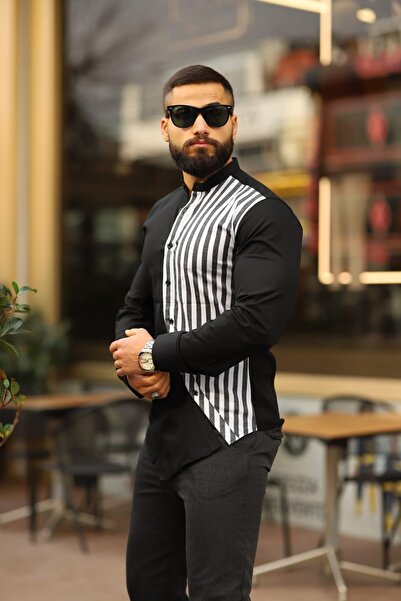 BAYIM Erkek Slim-Fit Hakim Yaka Asimetrik Çizgili Lüks Gömlek