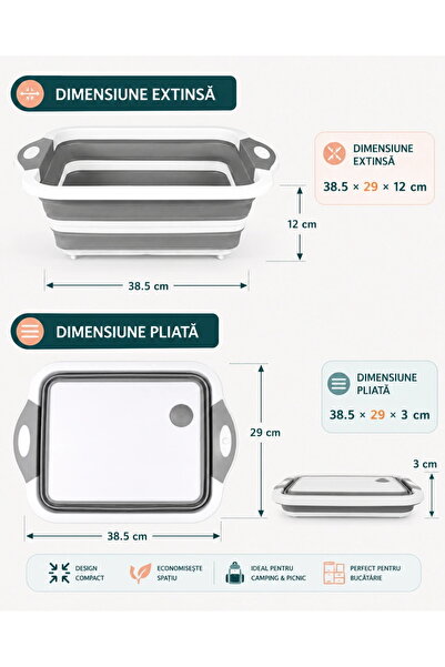 Next Trend Tocător pliabil 3 în 1 cu bol și coș scurgere, pentru bucătărie, camping și picnic