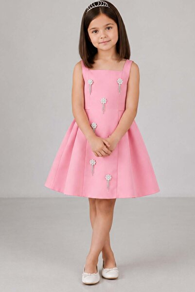 Riccotarz Girl's Square Collar Thick Straps Sleeveless Pink Evening Dress wit...