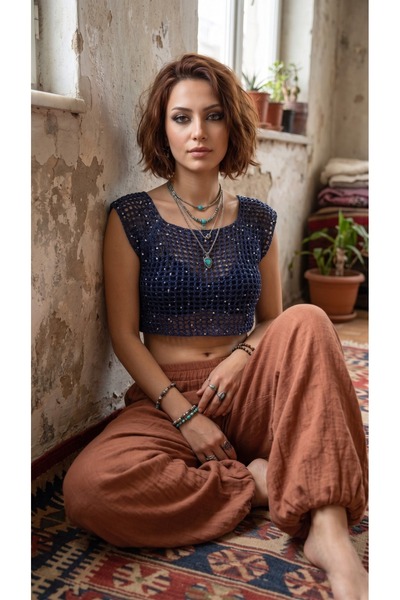 Talinhandmade El Örgüsü Pullu Crop Bluz – Organik Koton İp Hafif ve Nefes Ala...