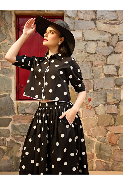 Sassafras By Styli Black Polka Dot Crop Shirt and Skirt Co-Ords