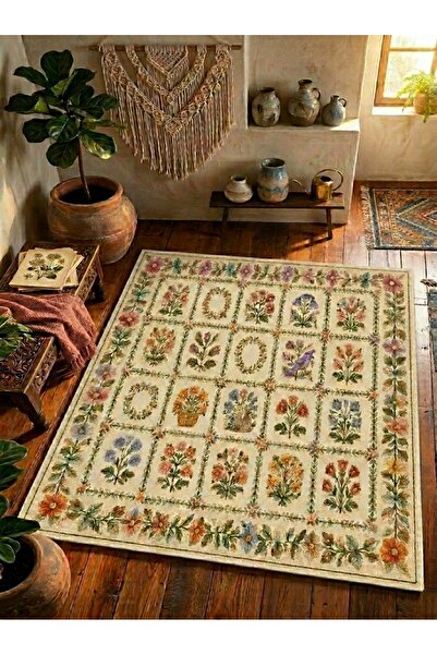 Rugs Modern Halı SDT Klasik Vintage Stil Çiçek Bahçesi Desenli Rengarenk Krem...