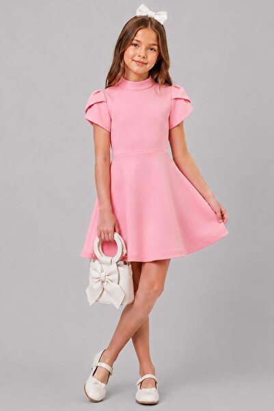 Riccotarz Girl's Pink Dress with Back Button and Low-Cut Detail and Lining In...