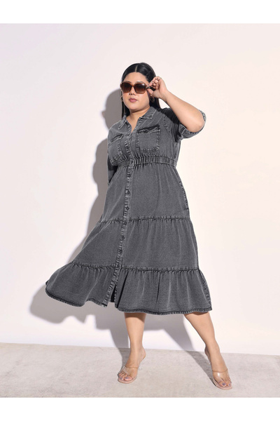 Sassafras By Styli Plus Size Black Denim Tiered Midi Dress