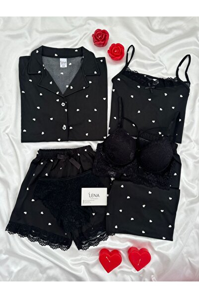 Lena Homewears Women's Heart Patterned Underwear 6-Piece Pajama Set – Strap S...