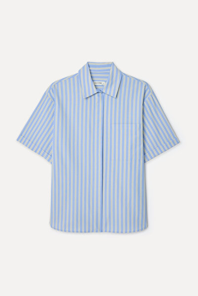 Mudo Women's Blue Striped Short Sleeve Shirt