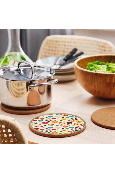 iyi fikirler Colorful Heart Patterned Cork Trivet for Pots and Pans, 19cm Diameter, 1cm Thickness