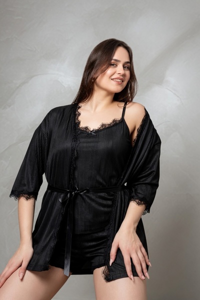 Street Beauty 3-Piece Black Lace Nightwear Pajama Set