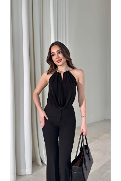 YAREN CO. بلوزة نسائية من البولياميد مع إكسسوارات على الرقبة وياقة ديجاجي