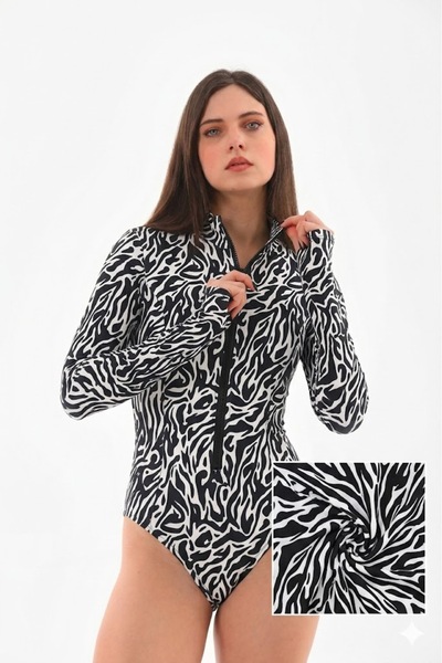 Newness Fashion Forwoard Zebra Patterned Bone Zipper Detailed Long Sleeve Wom...